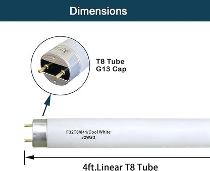 F32T8/841 T8 32W 48inch Fluorescent Light Bulb,4100K Cool White,Compatible for Philips 281550,LUXRITE,Sylvania 21781,Sunlite,Satco,G13 Medium Bi-Pin Base,(10PACK)
