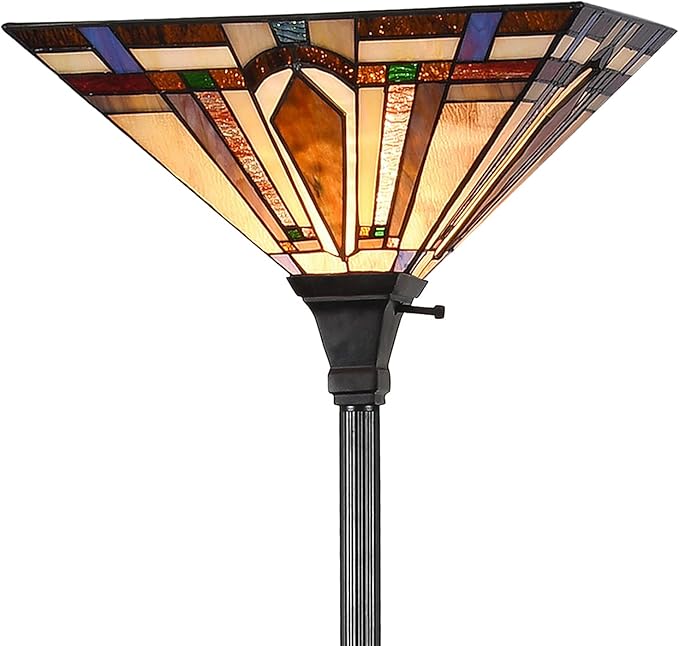 Tiffany Style Torchiere Floor Lamp Mission Stained Glass Shade 12"x 69" Tall Pole Vintage Antique Reading Light Fixture for Living Room Bedroom