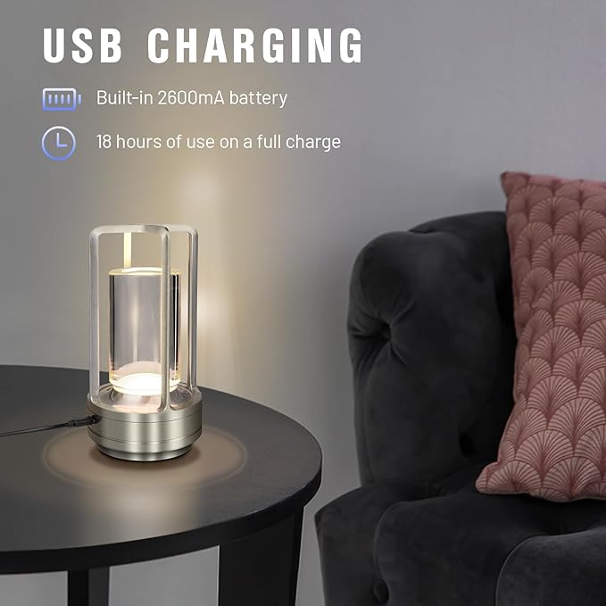Cordless Table Lamp for Outdoor Indoor, Portable Rechargeable Battery Powered LED Crystal Lantern Lamp, 3 Color Touch Control Stepless Dimming, Small Desk Light for Restaurant Home (Silver)