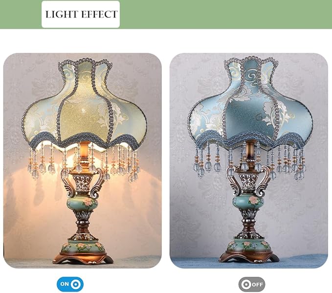 Lovely Table Lamp with Fabric Lampshade, Antique Flower Decorative Bedside Desk Lamp, Crystal Night Light for Bedroom Nightstand, Blue Finish