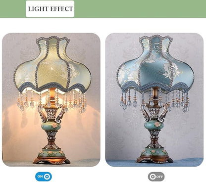 Lovely Table Lamp with Fabric Lampshade, Antique Flower Decorative Bedside Desk Lamp, Crystal Night Light for Bedroom Nightstand, Blue Finish