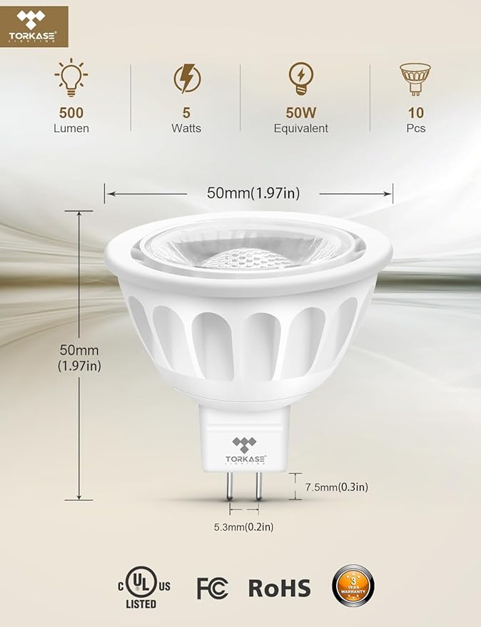 Torkase MR16 LED Bulb Dimmable,GU5.3 Bi-Pin Base MR16 LED Bulbs,5W(50W Equivalent),Outdoor Landscape 12V Low Voltage Light Bulbs,3000K Soft Warm White Recessed Tracking Spot Lights,UL Listed-10Pack