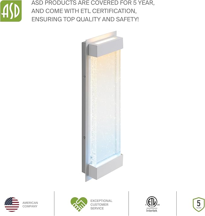 ASD LED 18" Bubble Glass Wall Light Fixture, Outdoor & Indoor Seeded Sconce | 3CCT, Waterproof, Dimmable, Up-Down Glow, ETL Listed | 22W 520LM 3000-5000K 100-277V | Porch Lighting | White, 2 Pack