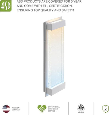 ASD LED 18" Bubble Glass Wall Light Fixture, Outdoor & Indoor Seeded Sconce | 3CCT, Waterproof, Dimmable, Up-Down Glow, ETL Listed | 22W 520LM 3000-5000K 100-277V | Porch Lighting | White, 2 Pack