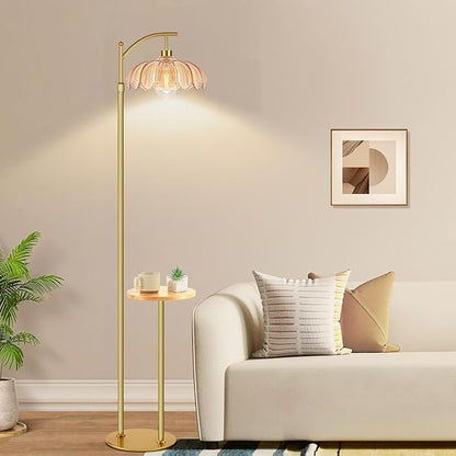 Gold Floor Lamp with Table and Shelves for Living Room Bedroom,Glass Standing Lamp with Remote Dimmable,Boho Brass Tall Lamp Vintage Farmhouse Arc Flower Floor Light Bohemian
