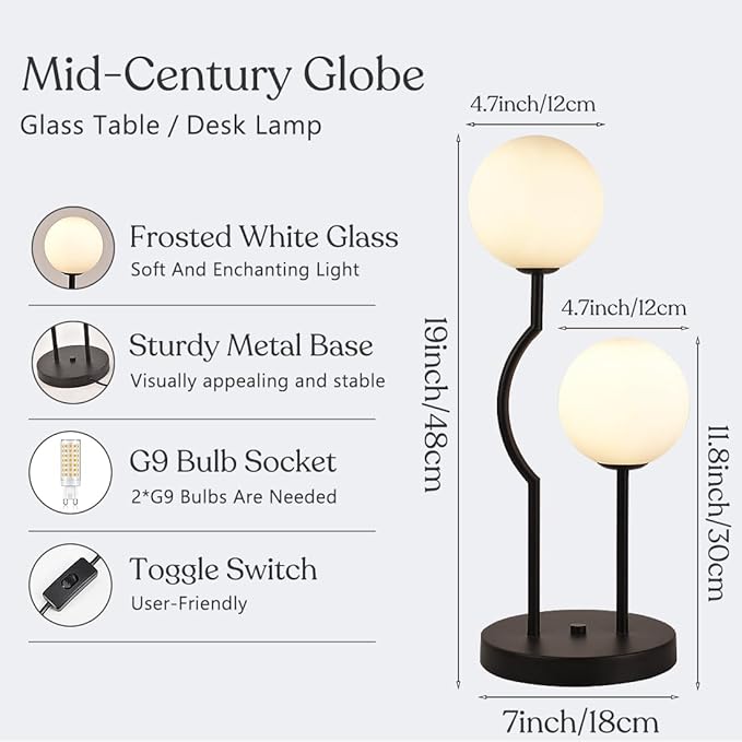 Black Mid Century Globe Table Lamp Industrial Retro 2 Lights Orb Desk Lamp with White Glass Globe Bedside Reading Light for Bedroom Living Room Study Room