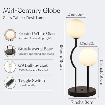 Black Mid Century Globe Table Lamp Industrial Retro 2 Lights Orb Desk Lamp with White Glass Globe Bedside Reading Light for Bedroom Living Room Study Room