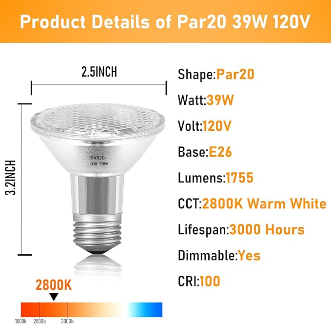 PAR20 39W 120V Floodlight Bulbs, 6 Pack PAR20 39 Watt ECO Halogen Light Bulbs E26 120V Reflector Dmimable Warm White 2800K for Track Lighting & Hood Range Light Bulbs, 4-in Recessed Can