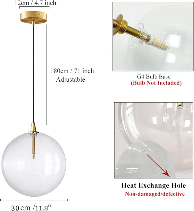 Minimalist Transparent Glass Ball Pendant Light in Gold Finish, Height Adjustable G4 LED Ceiling Haning Light for Dining Room & Living Room (30CM)