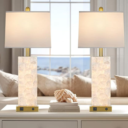 28" Coastal Table Lamps for Living Room Set of 2, Bedside Lamps with Night Light, USB A+C Ports, Modern Sea Shell Bedside Night Stands Light for Beachy Cottage Decor (Gold)