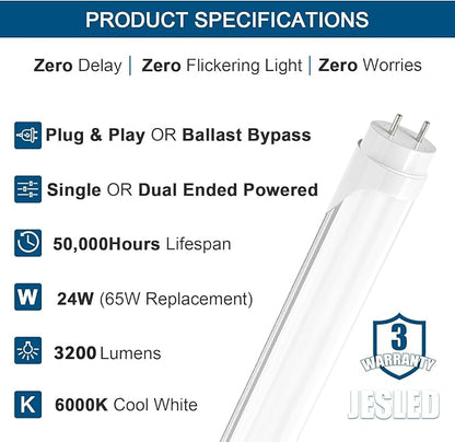 JESLED 4FT LED T8 Type A+B Tube Lights, 24W(65W Equiv.), 3200LM, 6000K, Single or Double End Powered, Plug and Play or Ballast Bypass, 4 Foot T10 T12 Fluorescent Bulbs Replacement, Frosted(12-Pack)