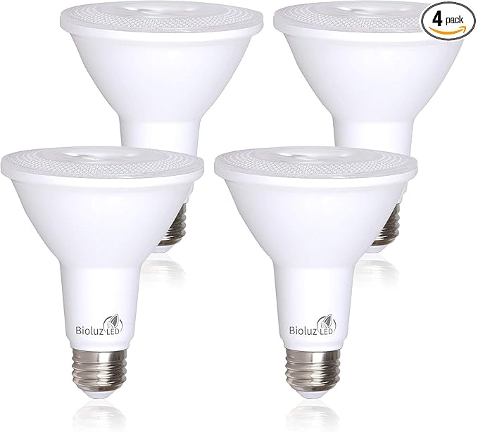 Bioluz LED 4 Pack PAR38 LED Light Bulb 90W Equivalent Using 13W 3000K Soft White 1050 Lumens E26 Base Dimmable Flood Light Bulbs Indoor/Outdoor UL Listed FCC RoAS Compliant High Efficacy LED Bulbs