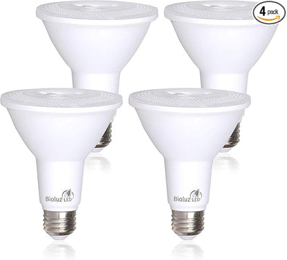 Bioluz LED 4 Pack PAR38 LED Light Bulb 90W Equivalent Using 13W 3000K Soft White 1050 Lumens E26 Base Dimmable Flood Light Bulbs Indoor/Outdoor UL Listed FCC RoAS Compliant High Efficacy LED Bulbs