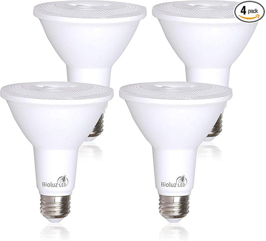 Bioluz LED 4 Pack PAR38 LED Light Bulb 90W Equivalent Using 13W 3000K Soft White 1050 Lumens E26 Base Dimmable Flood Light Bulbs Indoor/Outdoor UL Listed FCC RoAS Compliant High Efficacy LED Bulbs