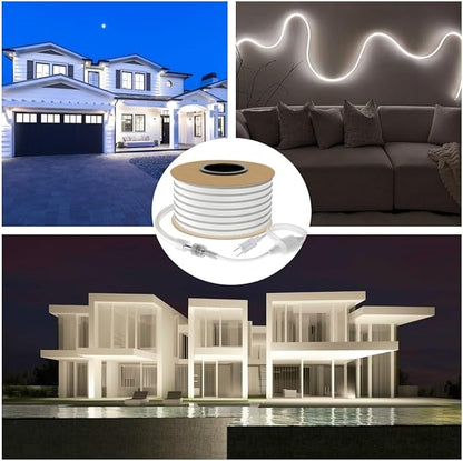 50ft Led Neon Rope Light, Commercial Grade IP65 Waterproof Neon Led Strip Lights, 110V-120V Plug-in Led Rope Light with Power Adapter for Outdoor, Indoor, Stairs and Room Decor, Daylight White