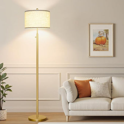 Nintiue 【Upgraded】 Dimmable Floor Lamp for Living Room, 11W LED Bulb Included, Modern Standing Lamp, Tall Pole Light with Linen Shade for Bedroom Reading Office Corner Nursery-Gold
