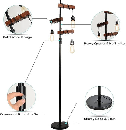 Airposta Industrial Floor Lamp, Farmhouse Tree 68 Inch 3 Lights Wood Standing Lamp, Sturdy Base Tall Vintage Metal Black Pole Light for Living Room Bedroom Office Rustic Home