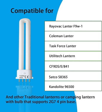 (2PACK FLS/E9W Fluorescent Bulb,Replacement for Camping Lantern Bulb,4 Pin 2G7 Base,5.5 inch Special Size,6400K