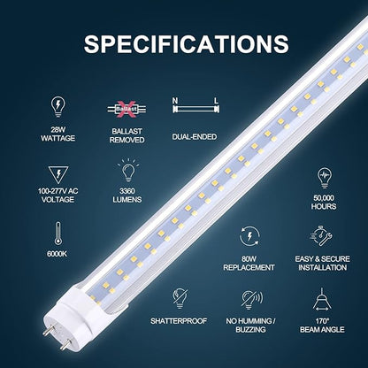 T8 LED Light Bulb 4FT, Ballast Bypass Required, 3360 Lumens, 2pin G13 End Cold White 6000K, Replace 80W Fluorescent Light,Cold White 6000K, Dual-End Powered Clear Cover AC 85-277V 25Pack