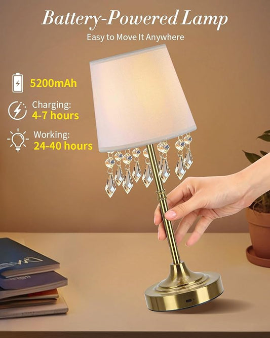 Cordless Table Lamp with Dangling Crystals, 3 Color Temperature Dimmable Rechargeable Lamp, 5200mAh Battery Operated Ambient Light for Bedroom,Living Room,Restaurant,Bar,Home Decor Lights