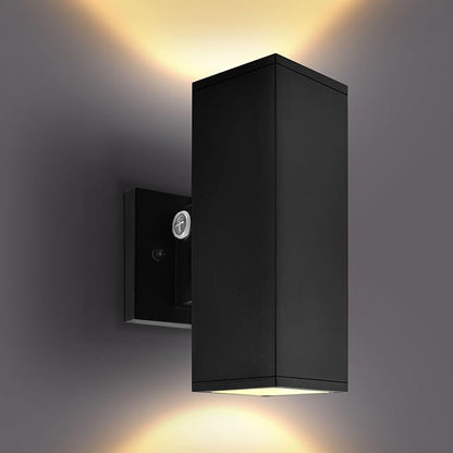 LUXRITE Dusk to Dawn LED Modern Outdoor Wall Light, 10", Up or Up and Down Light, 3CCT 3000K-5000K, Waterproof Square Wall Sconce, 15/20/24W, Dimmable, IP65, ETL, Black - Exterior Porch Patio Garage