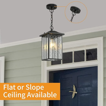 Outdoor Pendant Light, Black Exterior Hanging Lights, LED Outdoor Chandelier, Modern Hanging Lantern for Porch, Ceiling Entry Porch Patio Matte Black with Water-Rippled Glasses