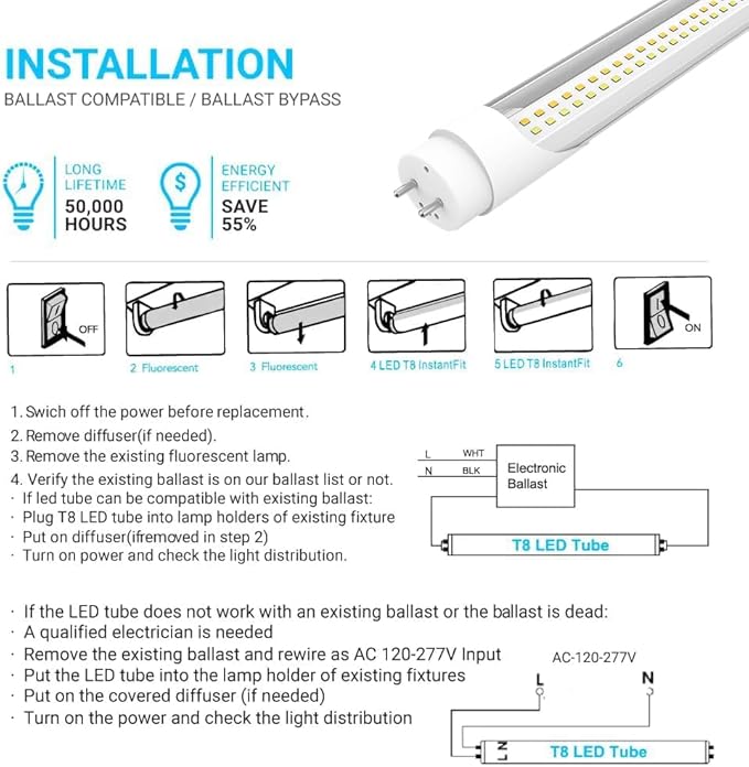 LEDMyplace LED Tube Lights - 4FT T8 LED Ballast Bypass Light Tube, 22W, 2860 Lumens, 6500K Daylight White - Clear Lens, Single/Double End Powered, Dimmable, Replacement for Fluorescent Tubes (1-Pack)