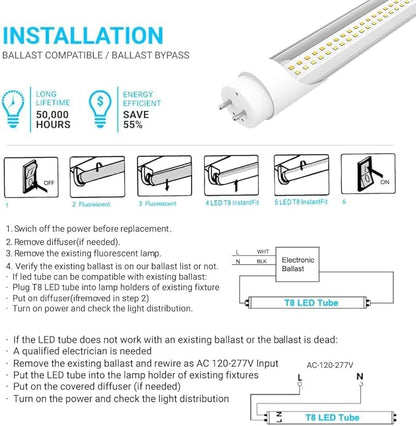 LEDMyplace LED Tube Lights - 4FT T8 LED Ballast Bypass Light Tube, 22W, 2860 Lumens, 6500K Daylight White - Clear Lens, Single/Double End Powered, Dimmable, Replacement for Fluorescent Tubes (25-pack)