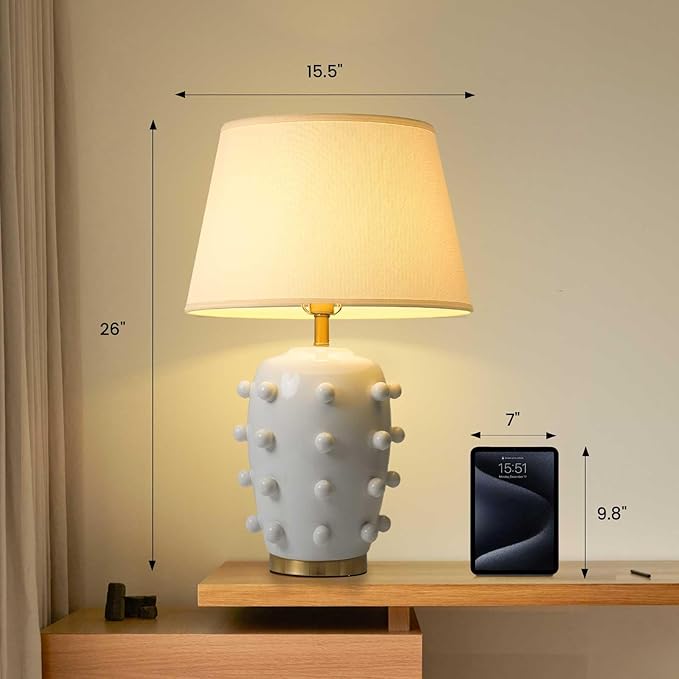 Modern Ceramic Linden Table Lamp - 26" White Ball Farmhouse Design, Classic Table Lamp Pottery Tapered Drum Shade for Living Room, Bedroom, Office, and Home （White）