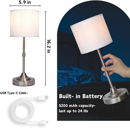 Rechargeable Table Lamp, Cordless Touch Lamps, Portable Desk Light with Stepless Dimmable Brightness & Fabric Shade for Nightstand Bedside Living Room (Silver, Straight)
