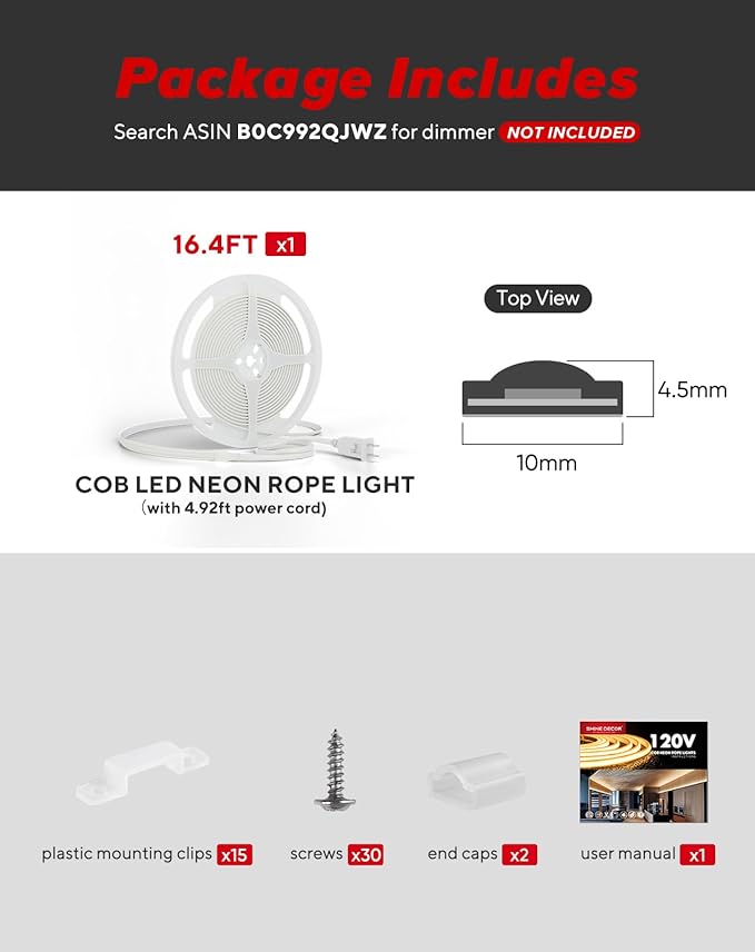 Shine Decor COB LED Rope Light AC 120V, 800lm Ultra Bright, IP65 Waterproof Cold-Resistant ETL Neon Strip, No Driver Tape Lighting for Home Commercial 10x4.5mm, Blue, 16.4ft