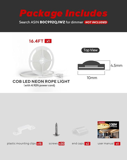 Shine Decor COB LED Rope Light AC 120V, 800lm Ultra Bright, IP65 Waterproof Cold-Resistant ETL Neon Strip, No Driver Tape Lighting for Home Commercial 10x4.5mm, Blue, 16.4ft