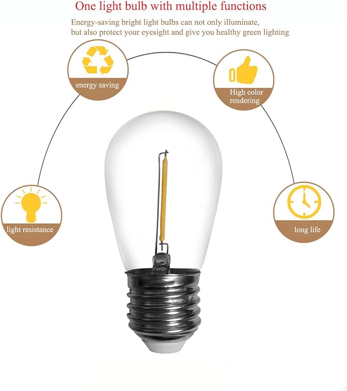 E26 S14 LED Outdoor String Light Bulb, 0.65W (7W Equivalent) Daylight White 6000K UL Listed CRI80, 120V, E26 Medium Base, Non-Dimmable, Shatterproof & Waterproof S14 String Light Bulb, Pack of 25