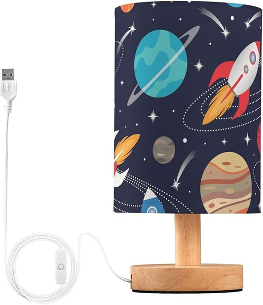 Bedside Lamp Space Cute Rockets Planets Table Lamp for Bedroom LED Nightstand Lamp Shade USB Ports Wood Base for Living Room Dorm Office