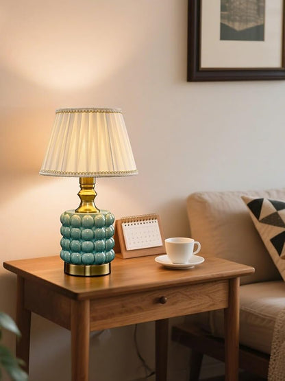 Vintage Lamp for Bedroom,Unique Lamps Cracked Ceramic lamp,UL Rotary Switch Control Pleated lamp Shade,Small Table lamp for Living Room Decor Kitchen Lighting (Blue+Pleated)