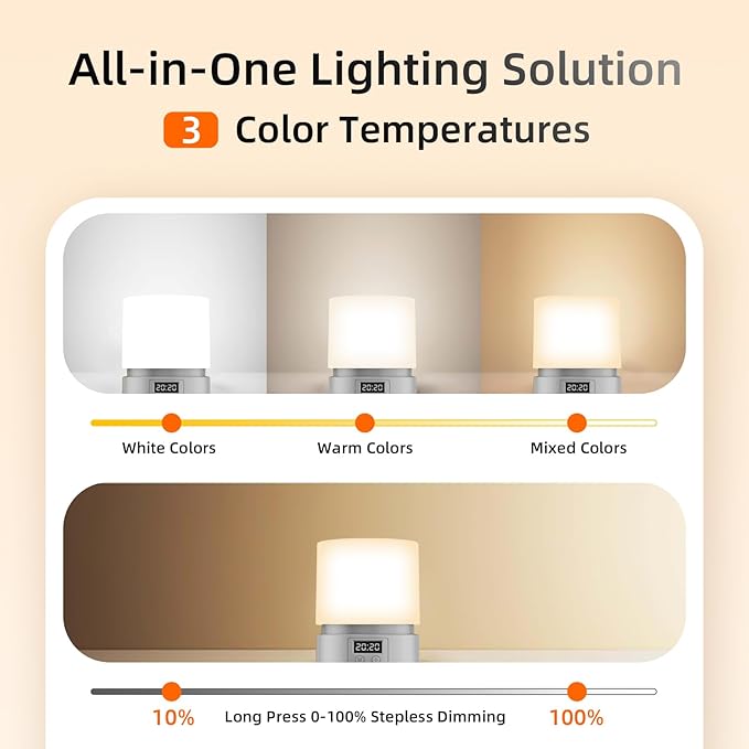 Nursery Night Light with Clock for Kids, Touch Lamp Bedside Desk Lamp, Portable Breastfeeding Night Lamp for Baby, 3 Color Stepless Dimming Up for Restaurant,Bedroom,Rechargeable (Wood Grain)