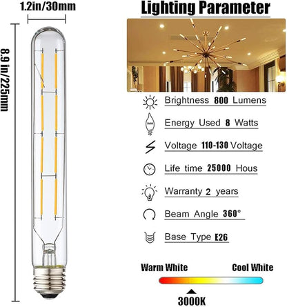 XININSUN T10 Led Bulb, 8.9 Inch Long Tubular Led Light Bulbs, 80Watt Equivalent, 800lm, Dimmable, Clear Glass, E26 8W LED Edison Tube Lamp Bulb,4 Pack. (Soft White-3000K)
