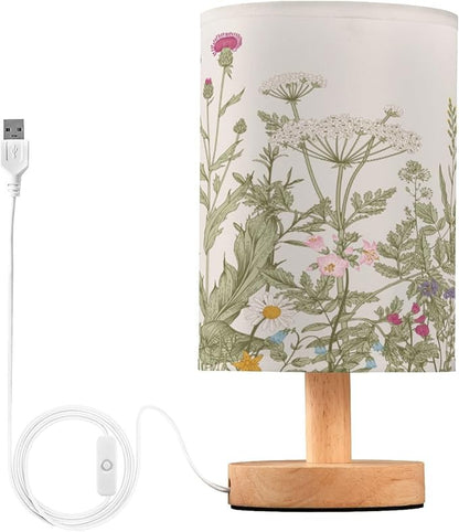 Bedside Lamp Flowers Herbs Wildflowers Botanical Table Lamp for Bedroom LED Nightstand Lamp Shade USB Ports Wood Base for Living Room Dorm Office