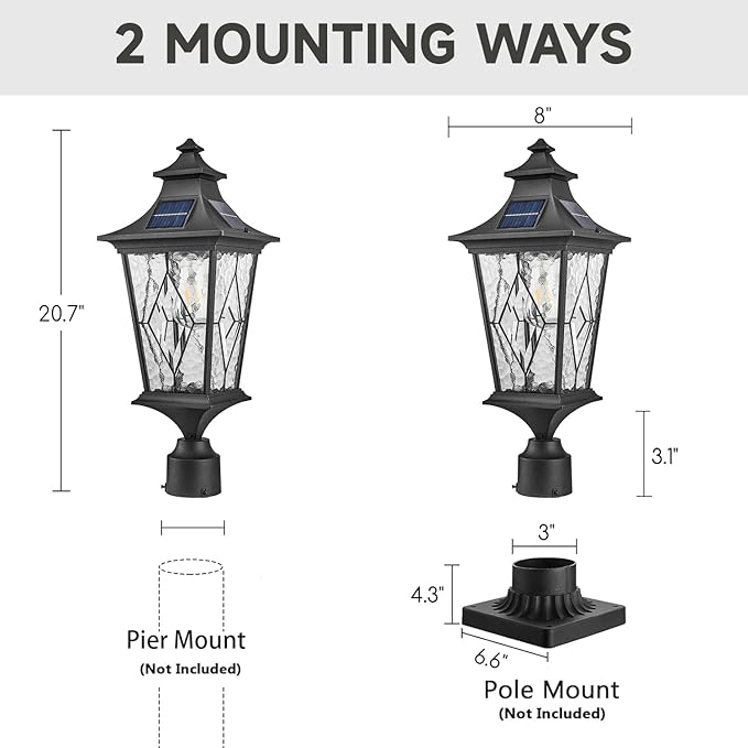 Solar Lamp Post Light Aluminum 20.7 Inch Height Large Size Solar Pole Lights with Water Ripple Handmade Solder Glass Waterproof Black Finish Include Remote Control and LED Bulb