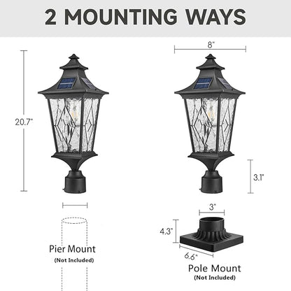 Solar Lamp Post Light Aluminum 20.7 Inch Height Large Size Solar Pole Lights with Water Ripple Handmade Solder Glass Waterproof Black Finish Include Remote Control and LED Bulb