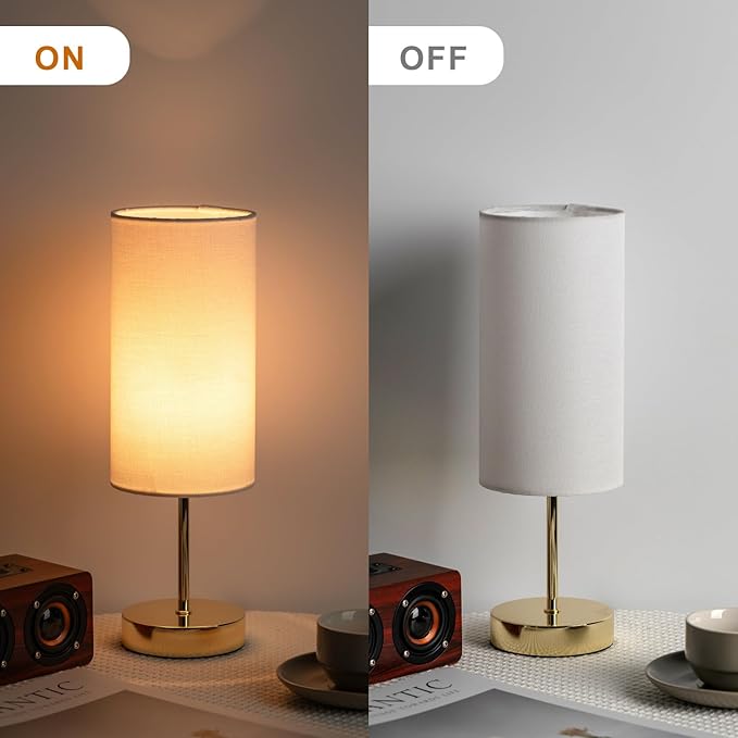 Small Nightstand Table Lamp for Bedroom, Round White Fabric Shade and Gold Metal Base, Modern Minimalist Bedside Lamps for Dresser, Living Room, Office, College Dorm, Warm Light, 5W LED Bulb Included