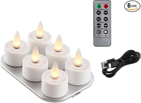 Rechargeable Flameless Tealights Candles with Remote Timer, 3D Moving Flame Real Wax Led Tealight Candles (Includes Remote Control, Charging Base, and USB Cable) (White, 1.4in)
