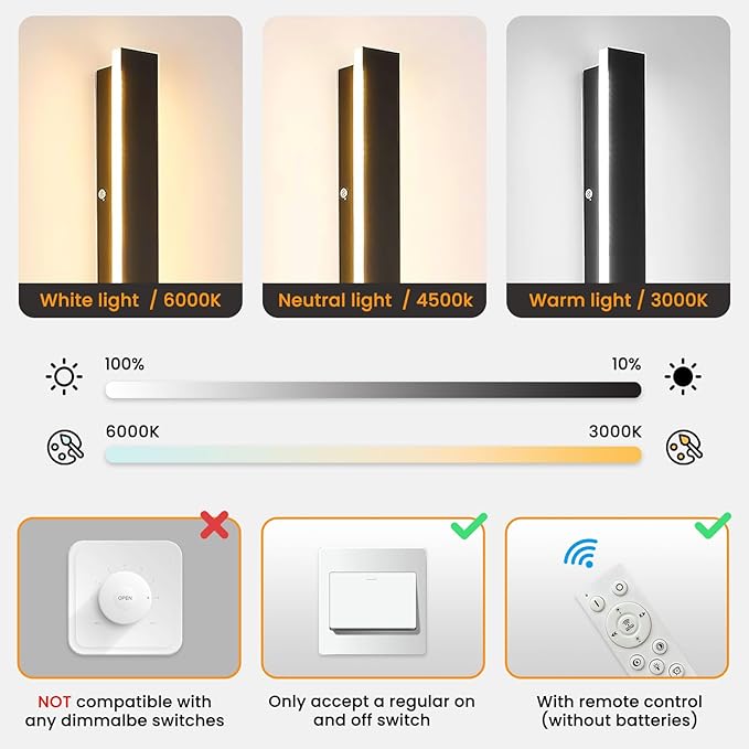 Mikeru 3CCT Dimmable Outdoor Wall Sconce 57" IP65 Waterproof - 2Pack Modern Black Exterior Light with Remote Control, Adjustable 3000K/4500K/6000K for Porch, Patio & Commercial Spaces | Hardwired