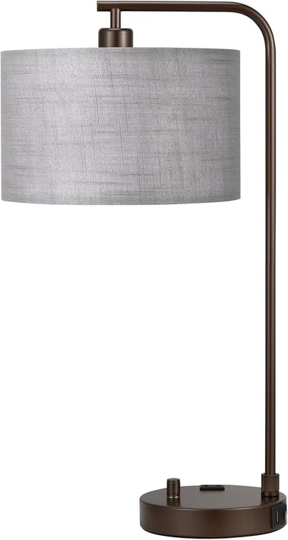 Innqoo Gray Tall Table Lamp with USB Port and Outlet, Dimmable Nightstand Bedside Lamps with Linen Lampshade, Desk Lamp for Bedroom, Living Room, Guest Room, Home Office, LED Bulb Included
