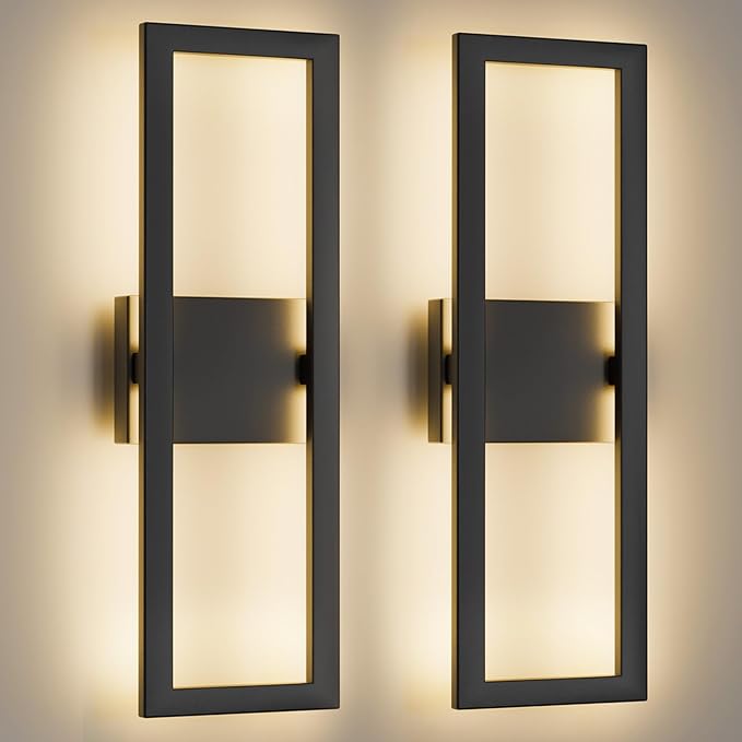 LamQee 22" Modern Outdoor Wall Lights 2 Packs, 3000K 1450LM LED Large Exterior Lighting Fixtures with Rectangle Frame, Matte Black Linear Outside Sconce Wall Mount for House Porch Patio Garage Door