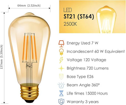 LVWIT Vintage Edison Light Bulb ST21 LED Filament Bulb 8W(60 Watt Equivalent) Dimmable 2500K (Amber Glow) Warm White E26 Medium Base, Amber Glass Cover,6 Pack