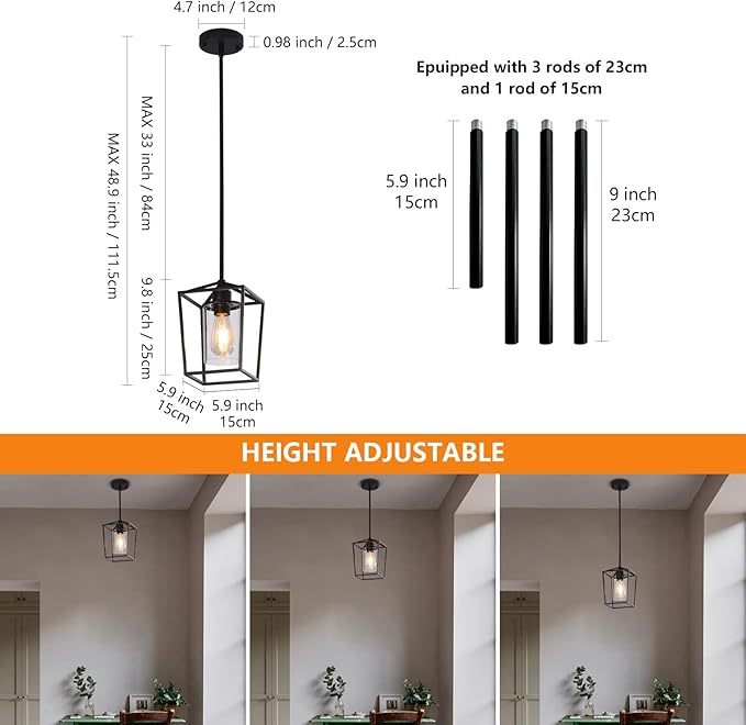 Pendant Light Fixture,Adjustable Black Iron Cage Farmhouse Metal Kitchen Island Hanging Light with Clear Glass Shade, Suitable for Kitchen Island, Entrance, Dining Room, Hallway(1 Light)…