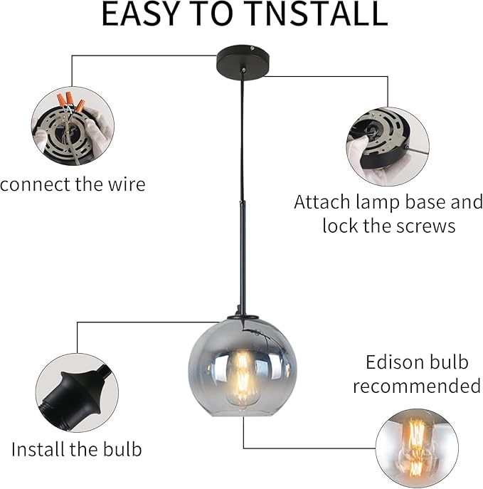 Modern Black Globe Pendant Light - Glass Ceiling Pendant for Kitchen, Dining Room - Silver, Mid Century Style - 11.8 Inch