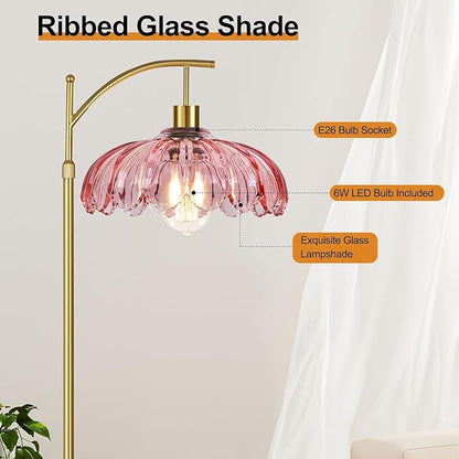 Gold Arc Floor Lamp for Living Room Bedroom,Mid Century Modern Standing Lamp with Remote,Dimmable Brass Tall Lamp Pink Flower Glass Lamp,Adjustable Vintage Floor Lamps Floor Light for Corner Office