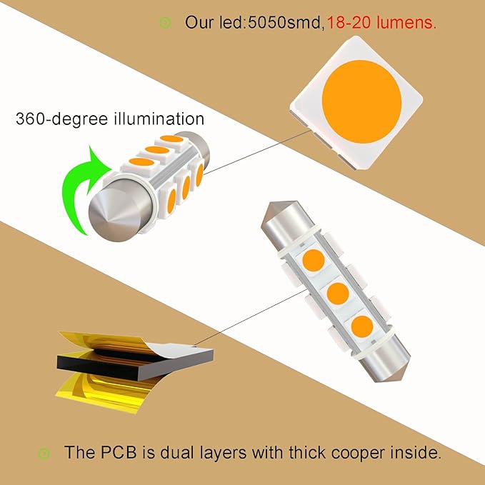 44mm DC 12V 578 LED Festoon Bulb 211-2 212-2 569 6413 LED Bulbs Gold Amber for Automotive Interior Dome Door Trunk Lights 360 deg Non Polarity(Pack 6)